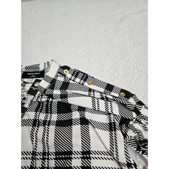 Plaid Black & White Long Sleeve V-Neck Top With Gold Button Accents 3X Inner Cir - Picture 5 of 6